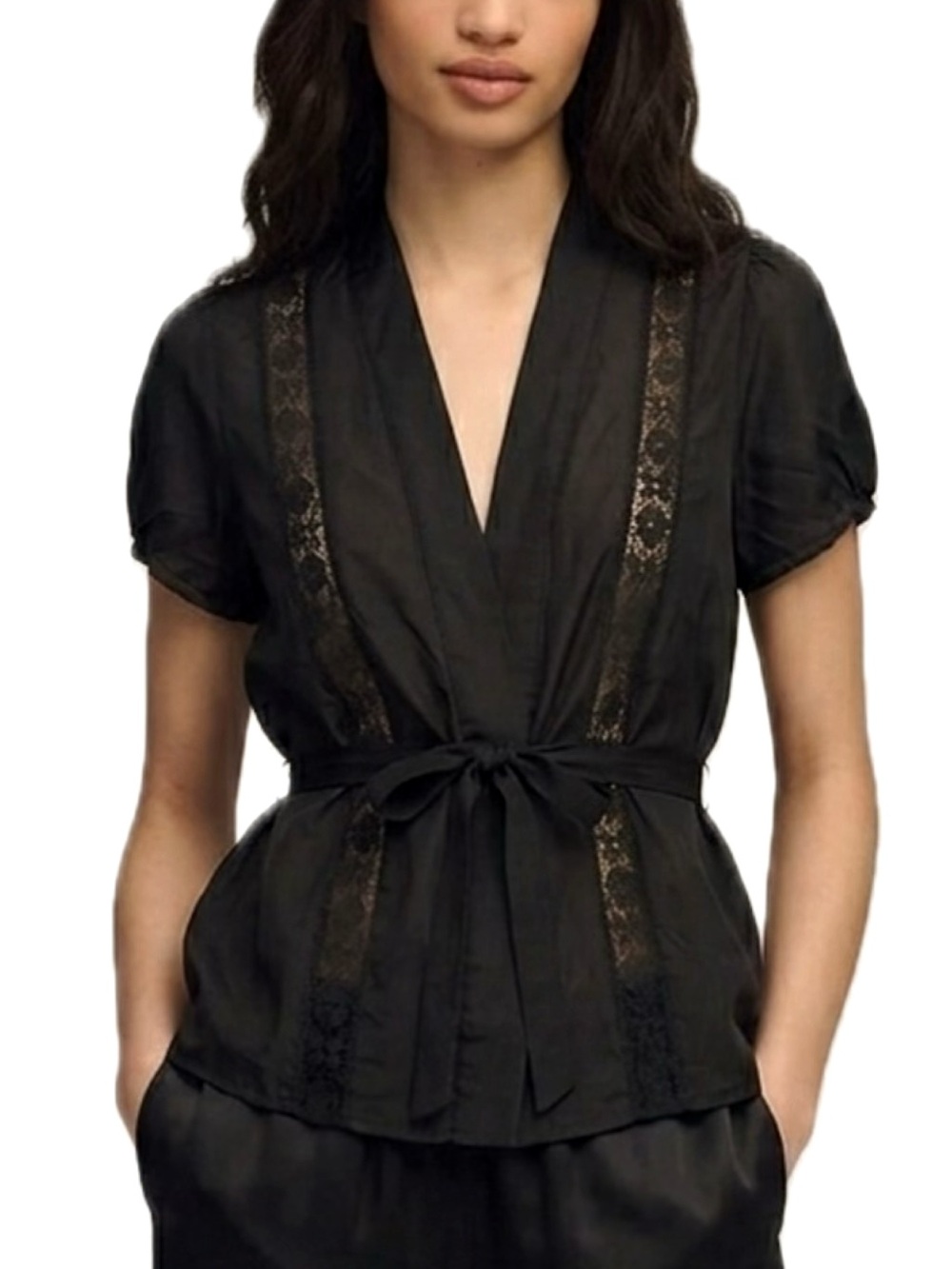 Velvet Black 100% Silk Lace Inset Wrap Top Size XS Puff Sleeve Belted Whimsigoth